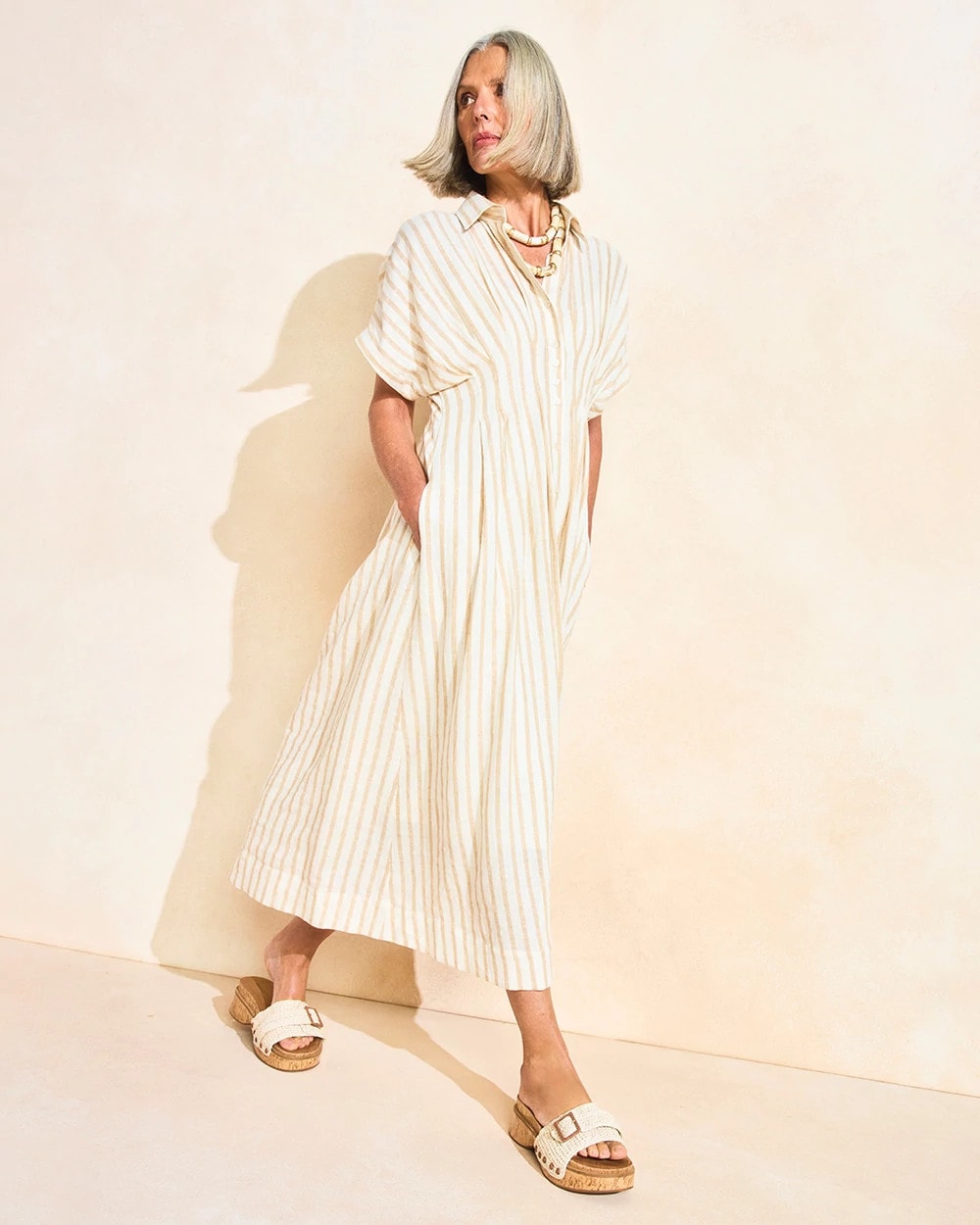 Chico's Outlet Alabaster Linen-Blend Metallic Striped Dress