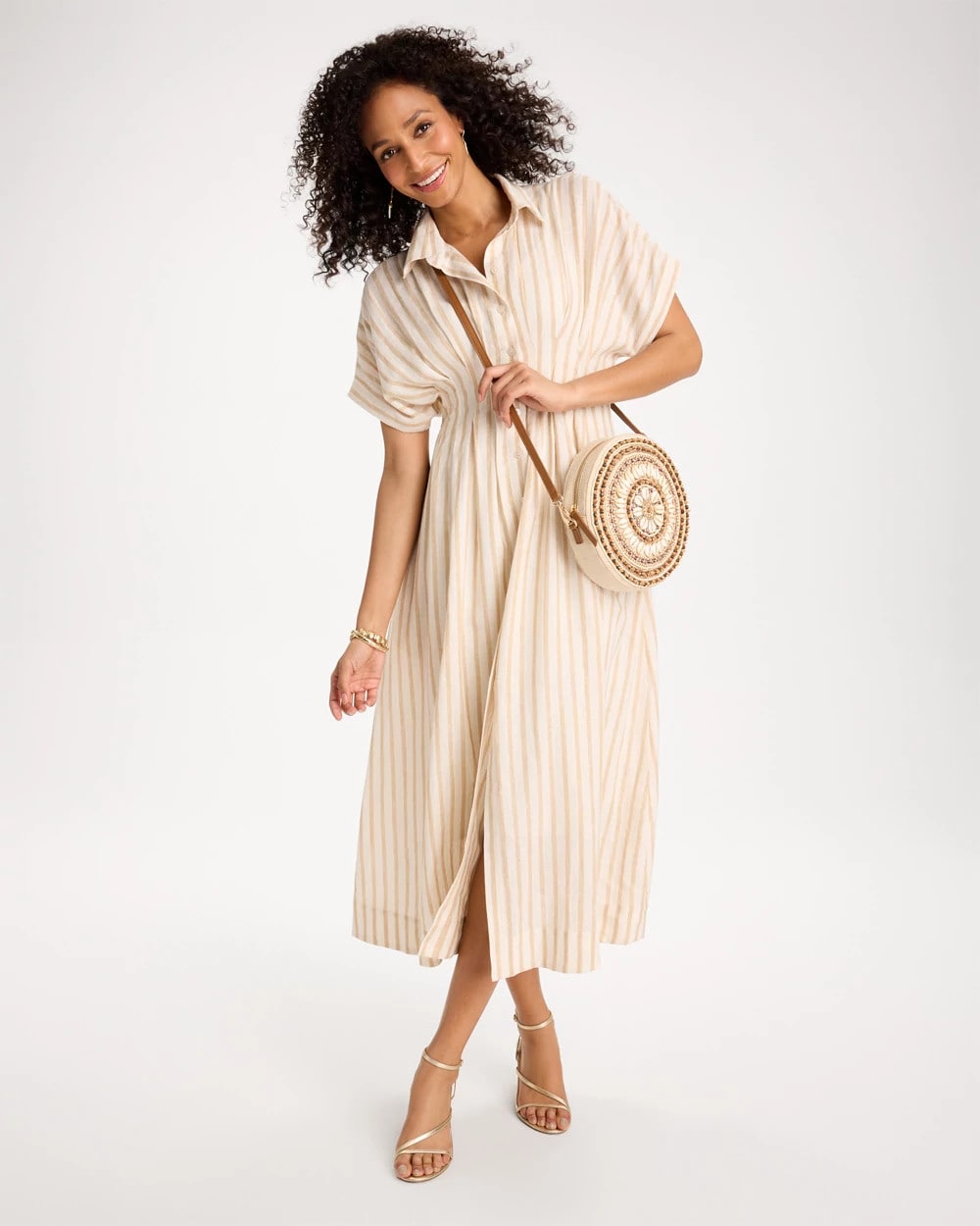 Chico's Outlet Alabaster Linen-Blend Metallic Striped Dress