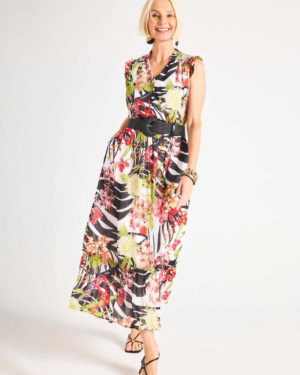 Chico's Discount Black Crinkle Chiffon Animal Print Dress