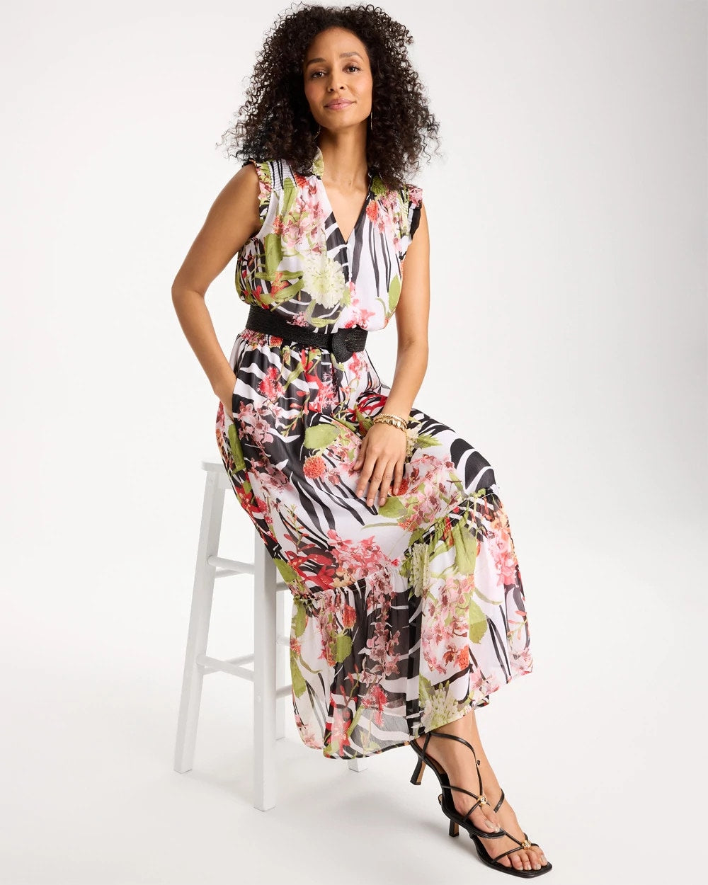 Chico's Discount Black Crinkle Chiffon Animal Print Dress