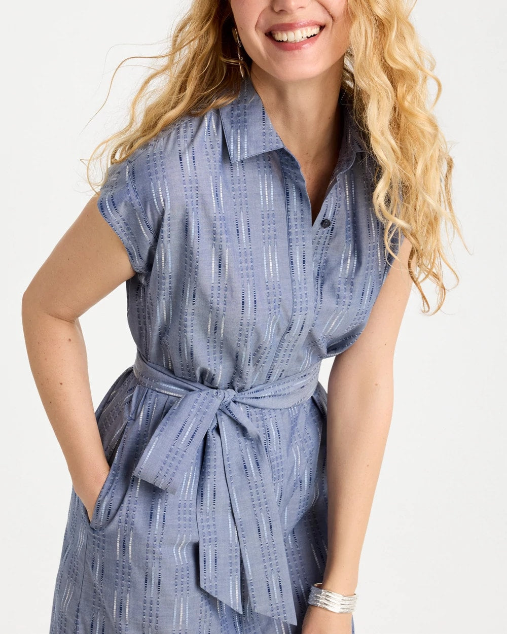 Chico's Sale Blue Clip Jacquard Denim Shirtdress