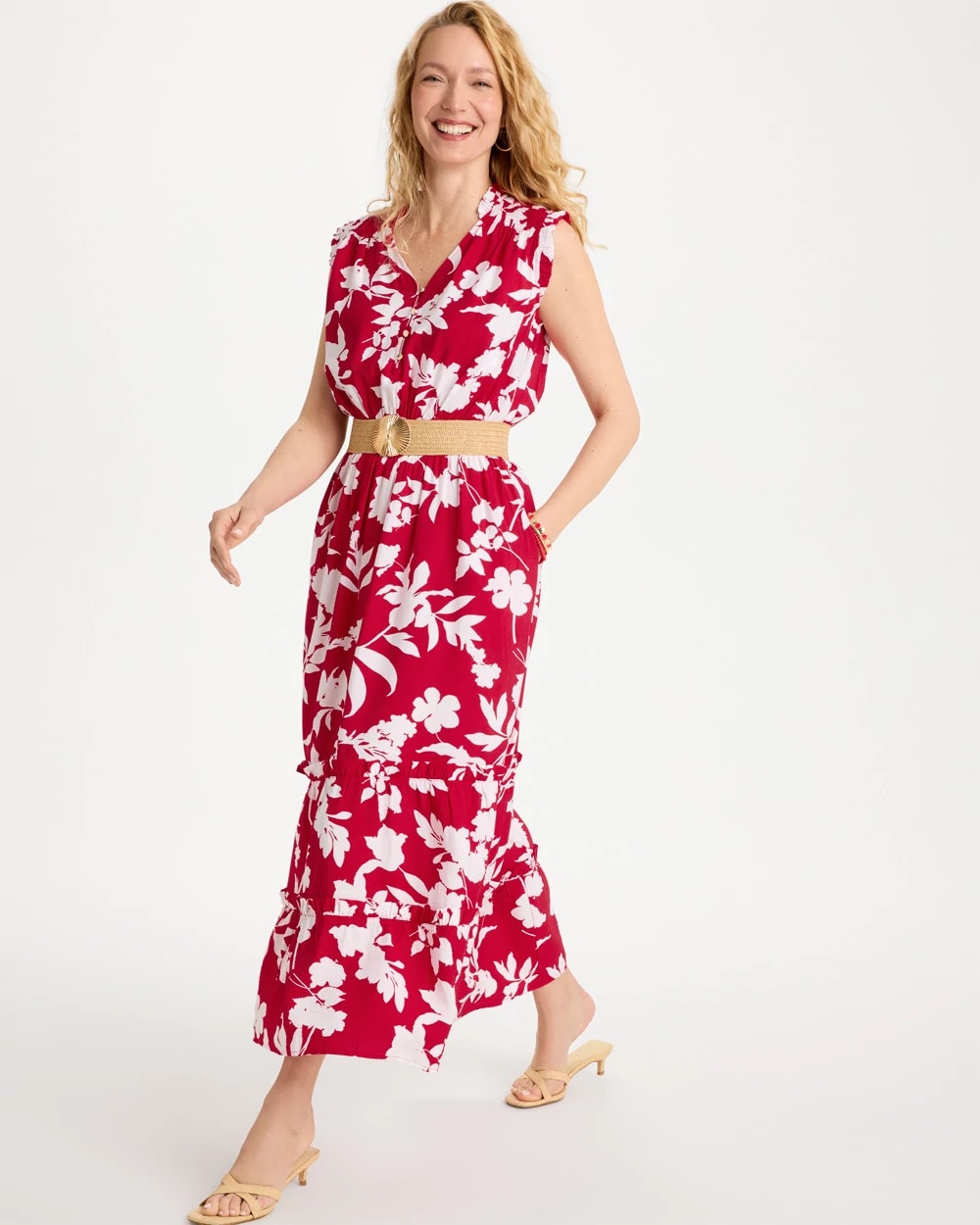 Chico's Outlet Cherry Lush Smocked Floral Maxi Dress