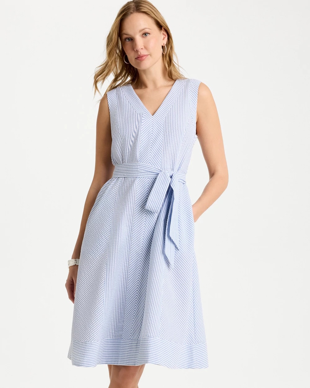 Chico's Discount Light Blue Seersucker V-Neck Sleeveless Dress