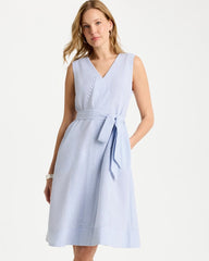 Chico's Discount Light Blue Seersucker V-Neck Sleeveless Dress