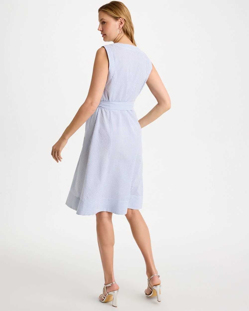 Chico's Discount Light Blue Seersucker V-Neck Sleeveless Dress