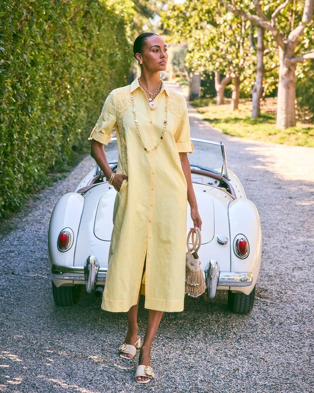 Chico's For Sale Golden Haze Embellished Linen-Cotton Shirtdress