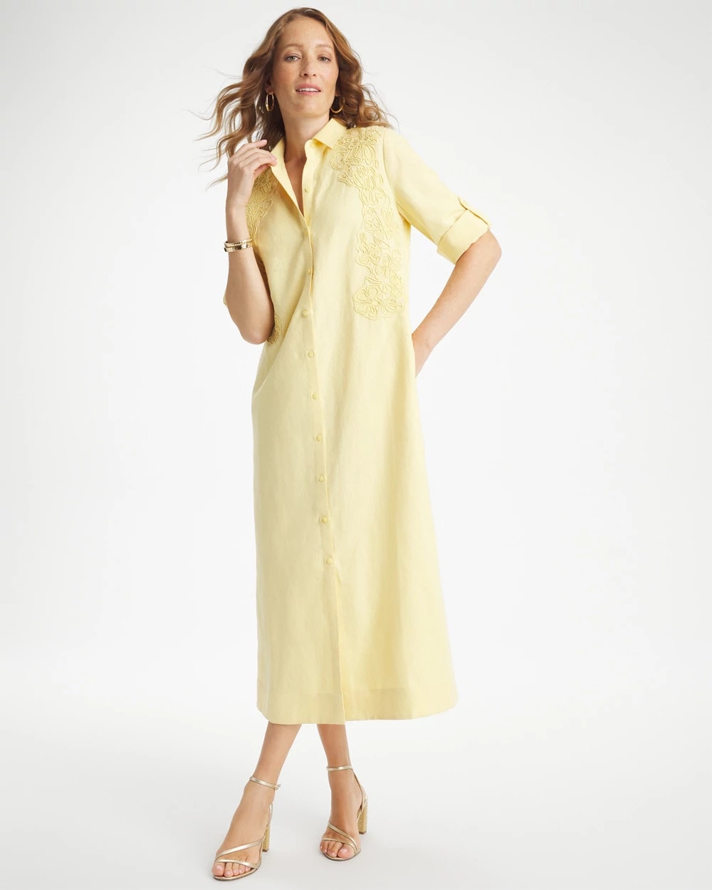 Chico's For Sale Golden Haze Embellished Linen-Cotton Shirtdress