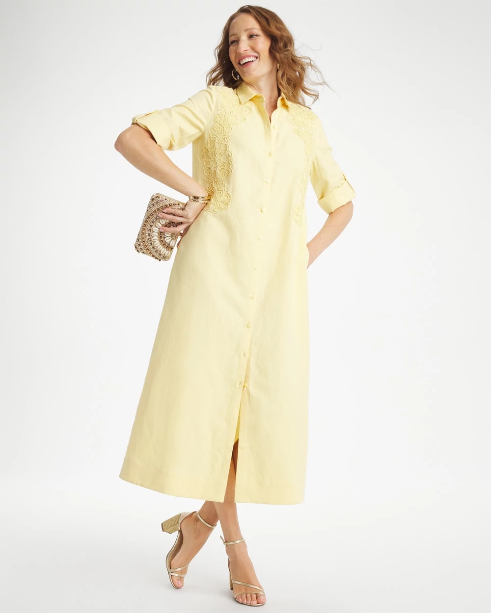 Chico's For Sale Golden Haze Embellished Linen-Cotton Shirtdress