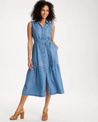 Chico's Discount Indigo Twill Denim Belted Shirtdress