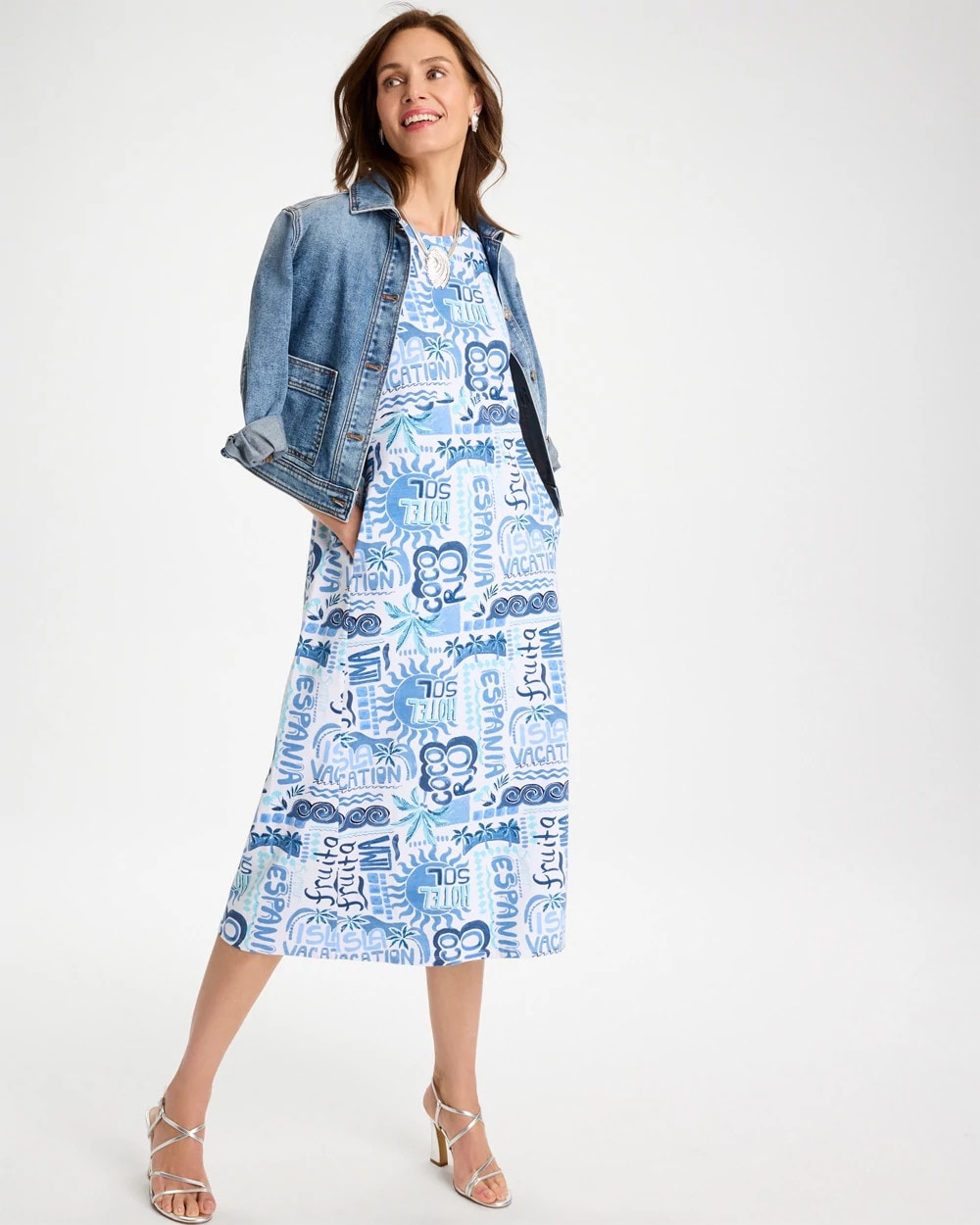 Chico's Sale Passport Blue Soft-Stretch Sleeveless Tropical Dress