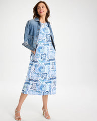 Chico's Sale Passport Blue Soft-Stretch Sleeveless Tropical Dress