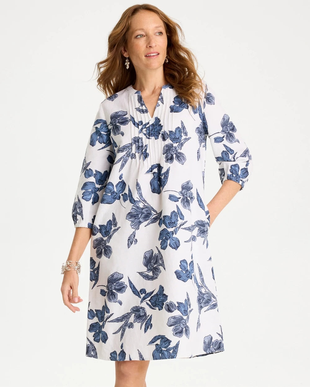 Chico's On Sale Alabaster Floral Linen-Cotton Pintuck Dress