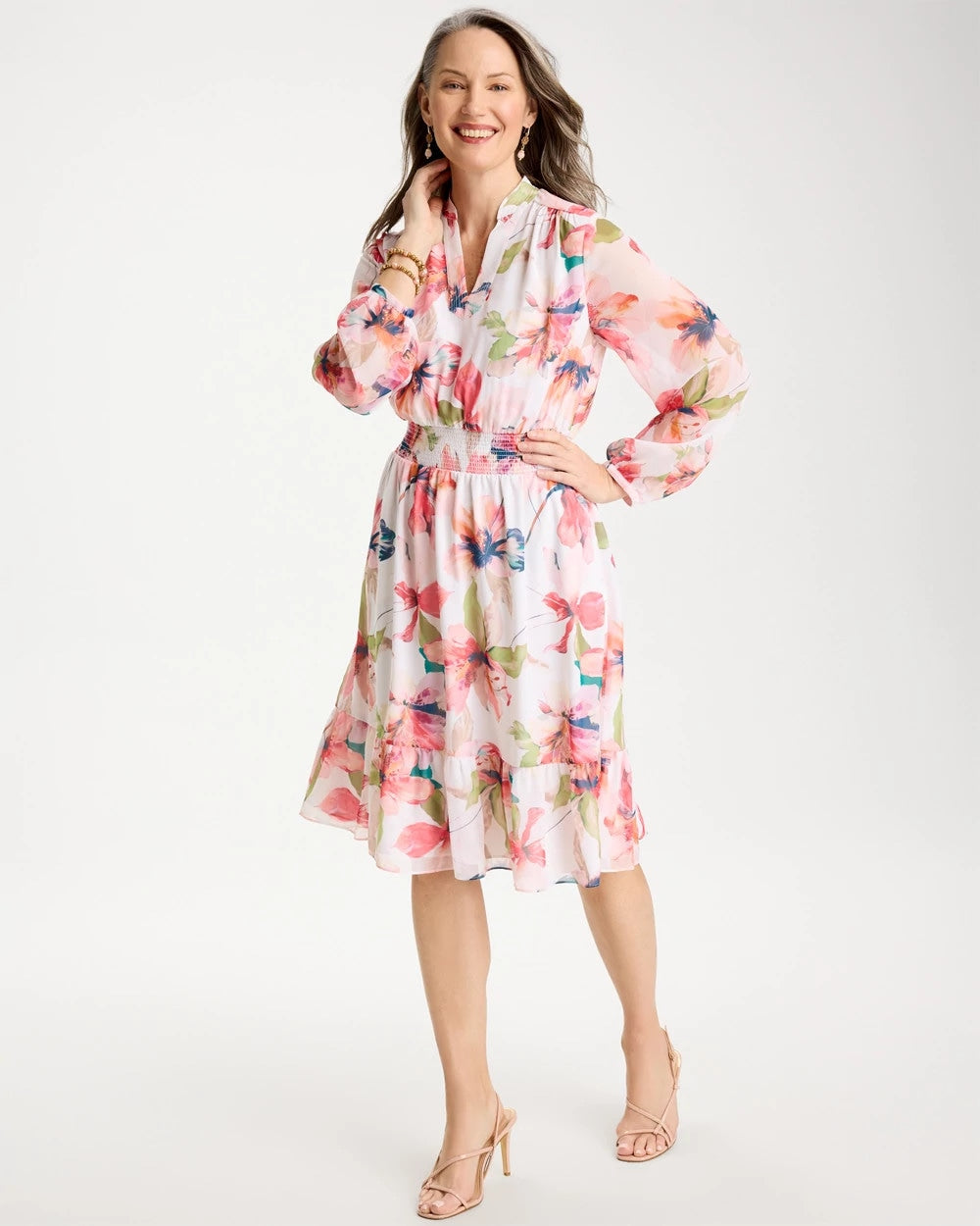 Chico's On Sale Calypso Coral Georgette Trapunto Pullover Dress