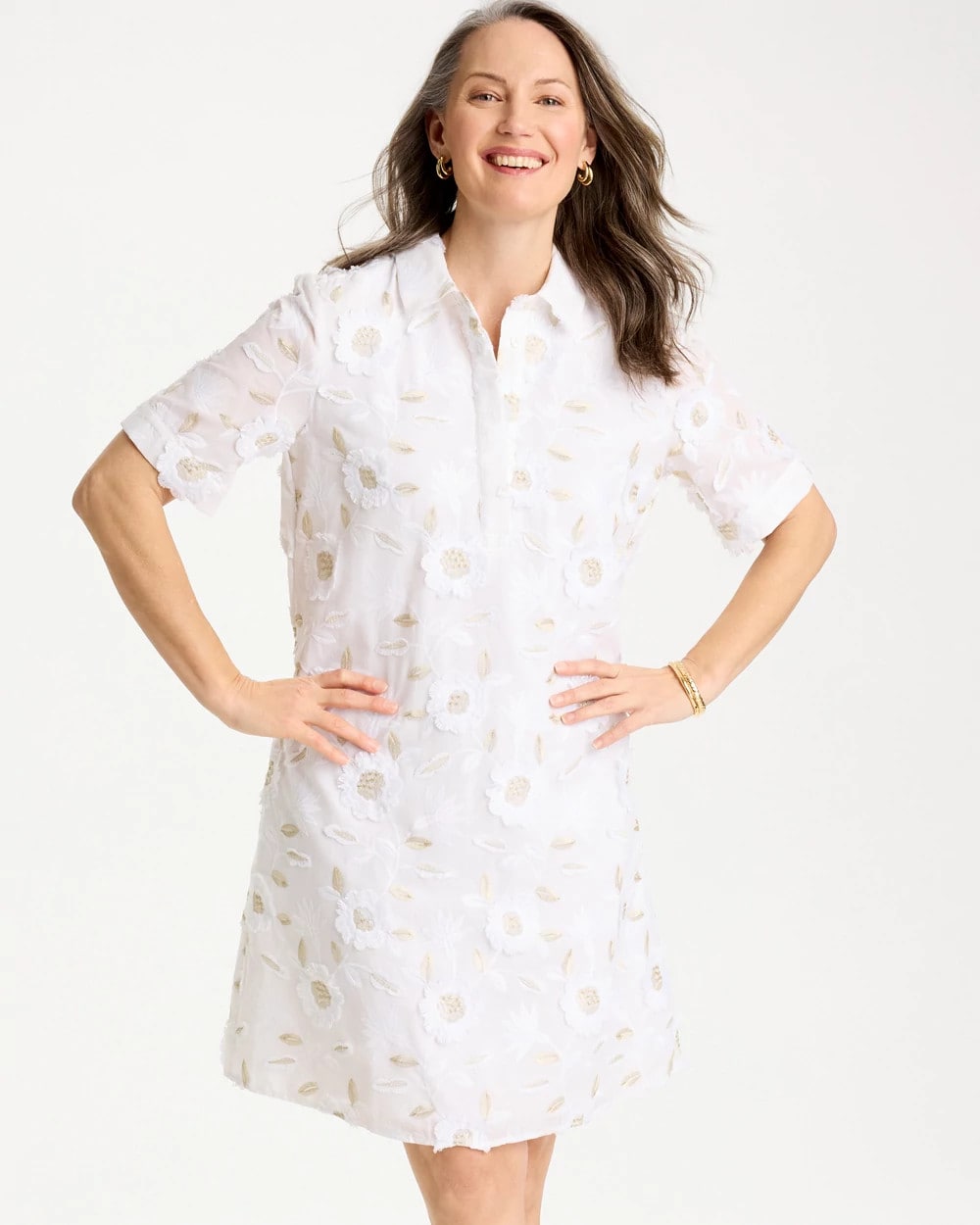 Chico's Outlet Alabaster 3D Floral Embroidered Dress
