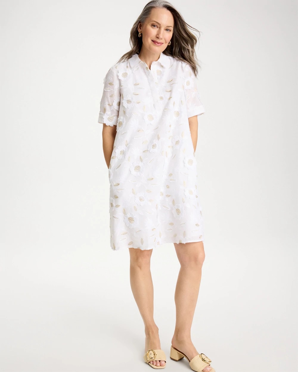 Chico's Outlet Alabaster 3D Floral Embroidered Dress