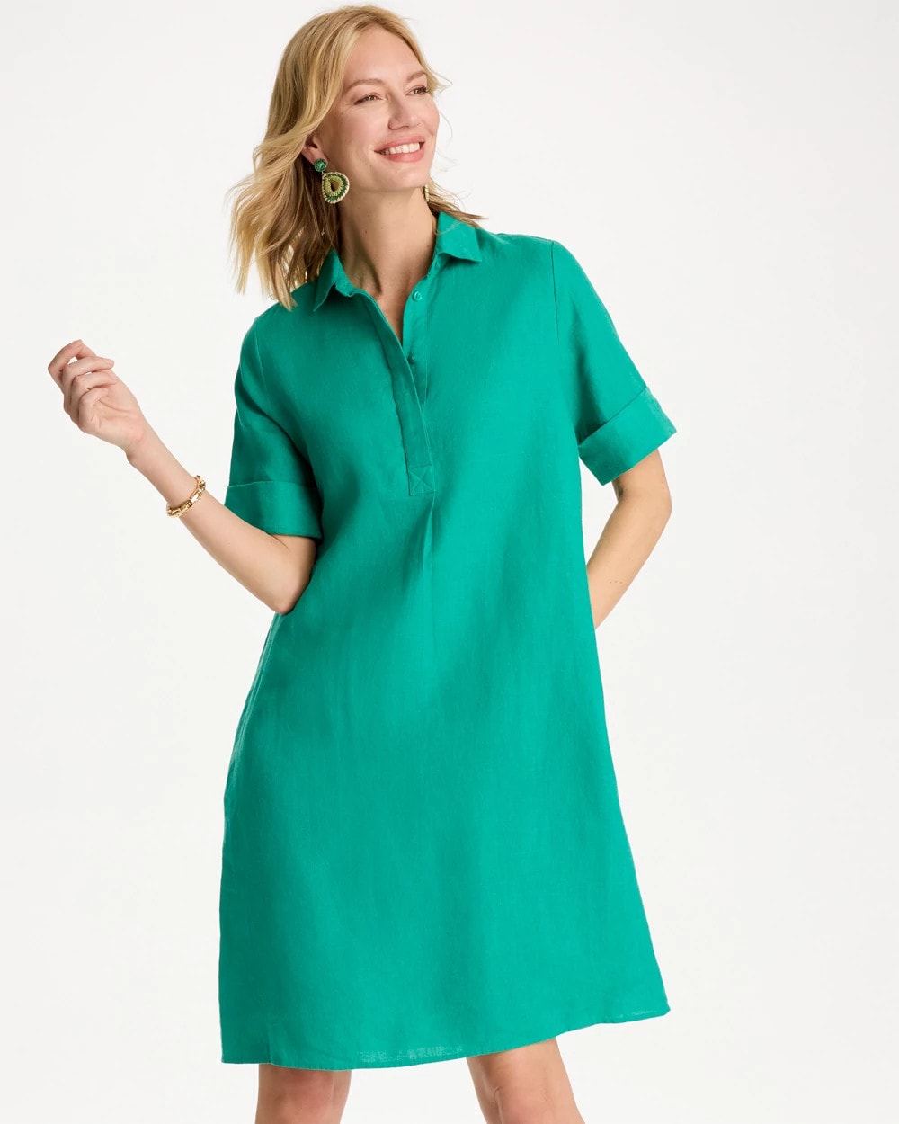 Chico's On Sale Topanga Green Linen Popover Dress