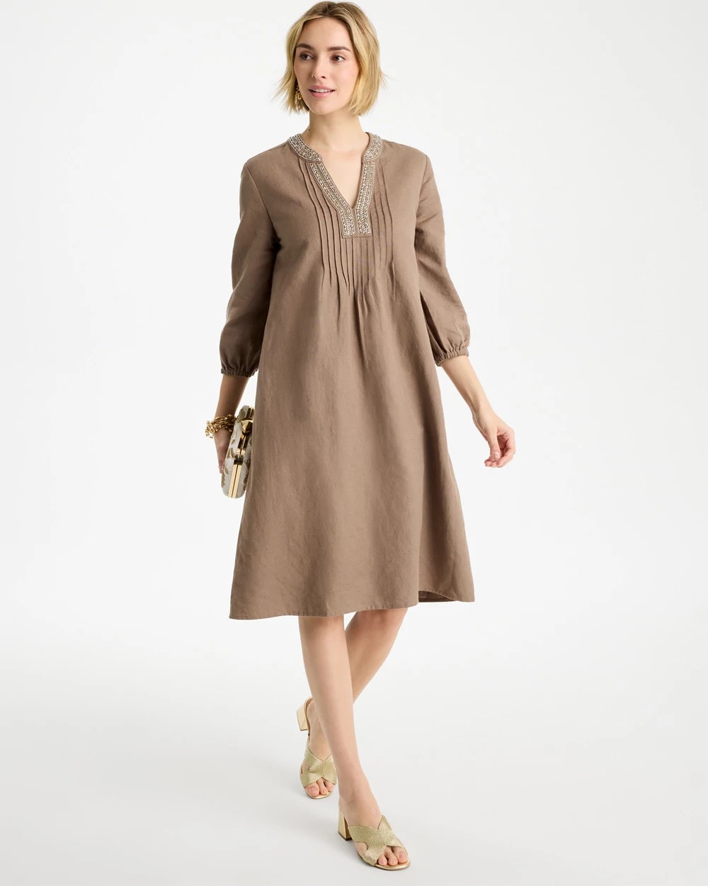 Chico's Sale Topaz Smoke Linen-Cotton Pintuck Dress