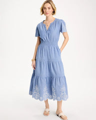 Chico's Outlet Light Indigo Chambray Embroidered Dress