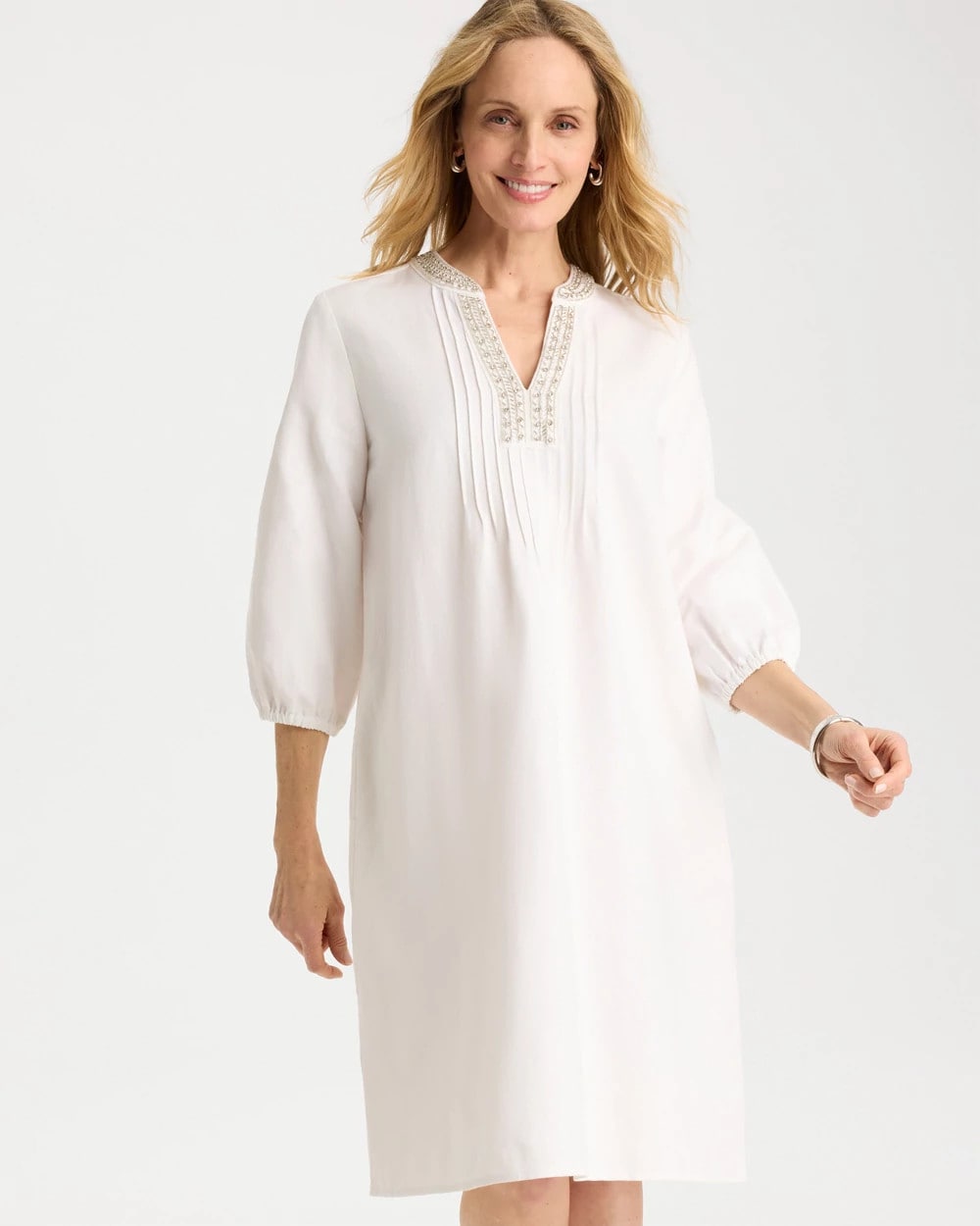 Chico's On Sale Alabaster Embellished Pintuck Dress
