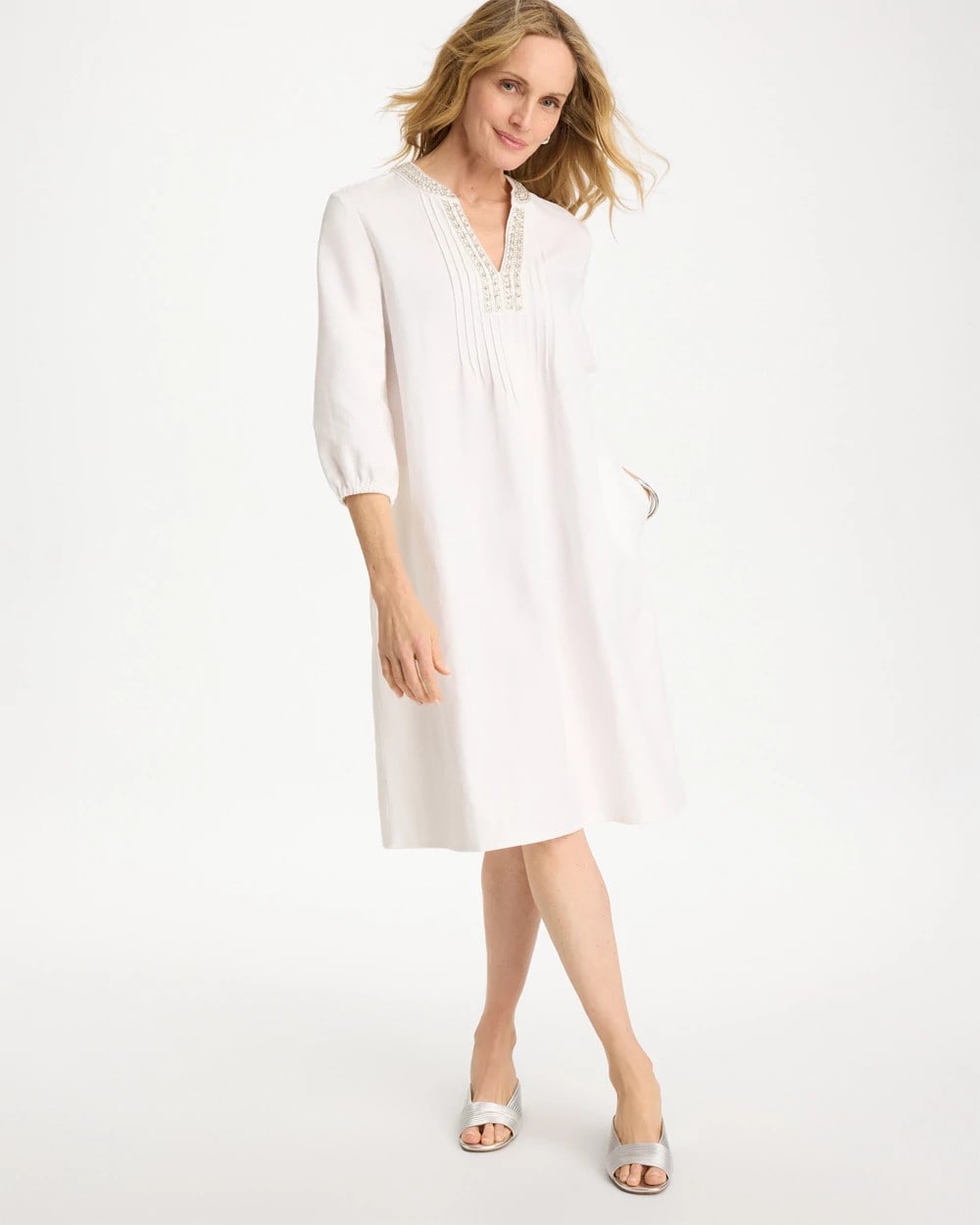 Chico's On Sale Alabaster Embellished Pintuck Dress