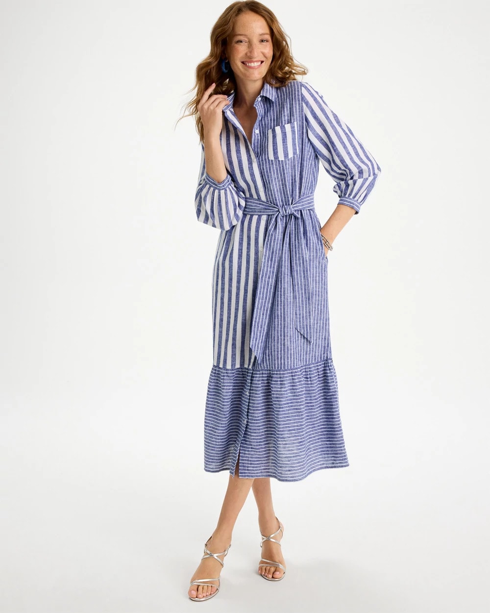 Chico's For Sale Indigo Linen-Cotton Striped Shirtdress