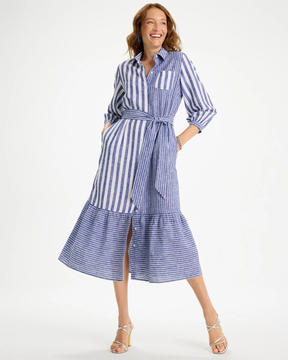 Chico's For Sale Indigo Linen-Cotton Striped Shirtdress