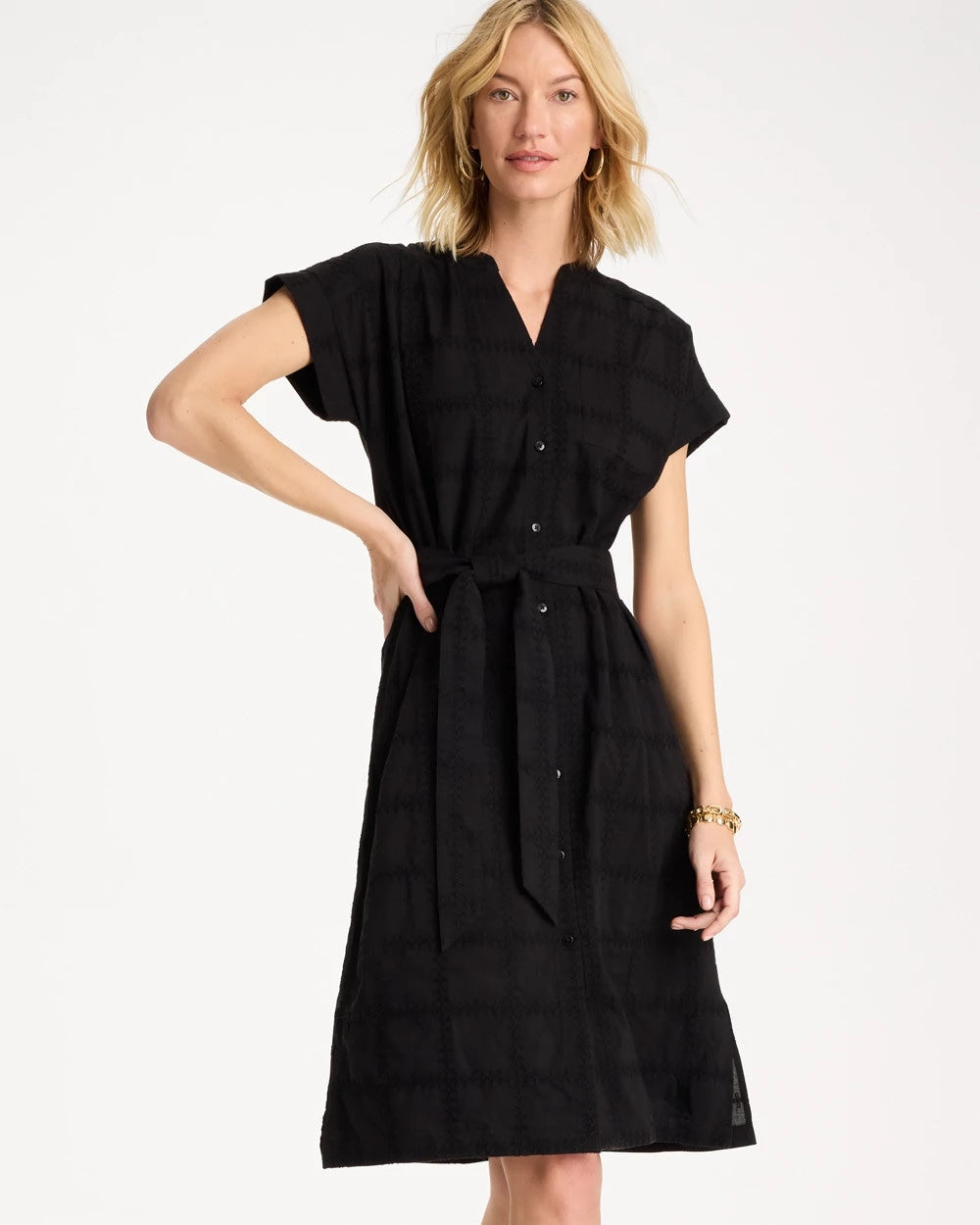 Chico's Discount Black Embroidered Cotton Shirtdress