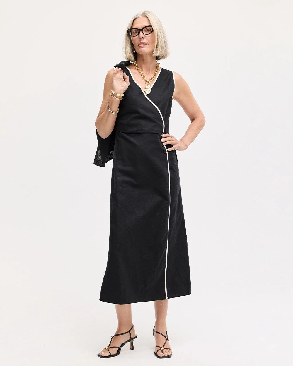 Chico's Sale Black Sleeveless Surplice Linen Dress