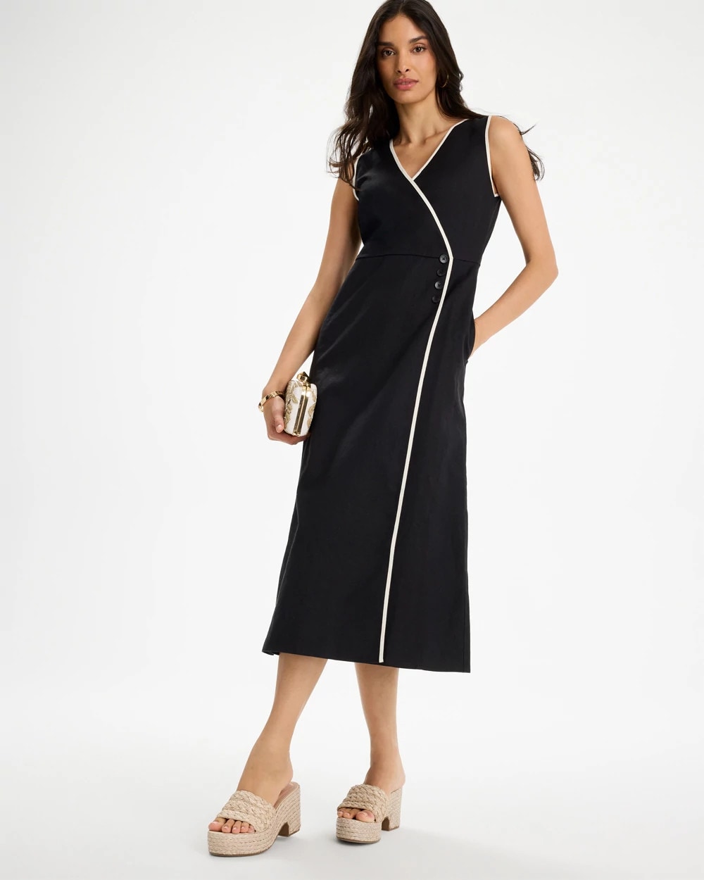 Chico's Sale Black Sleeveless Surplice Linen Dress