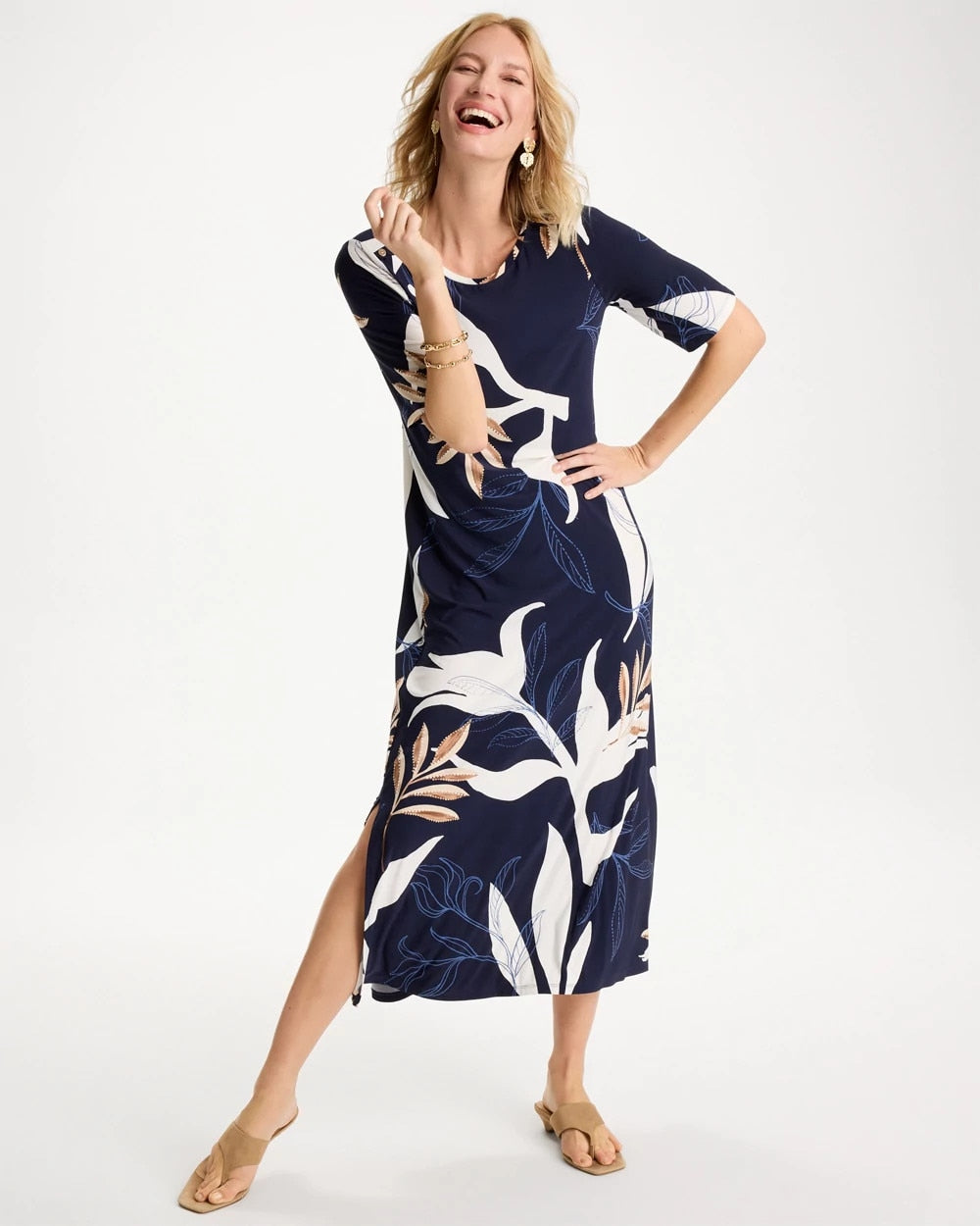 Chico's Outlet Passport Blue Printed Jersey Knit Column Dress