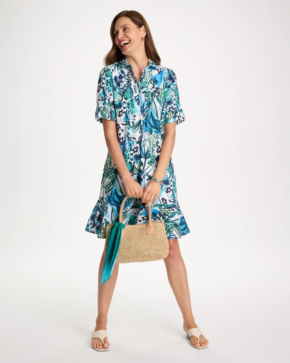 Chico's Discount Alabaster Floral Linen-Cotton Popover Dress