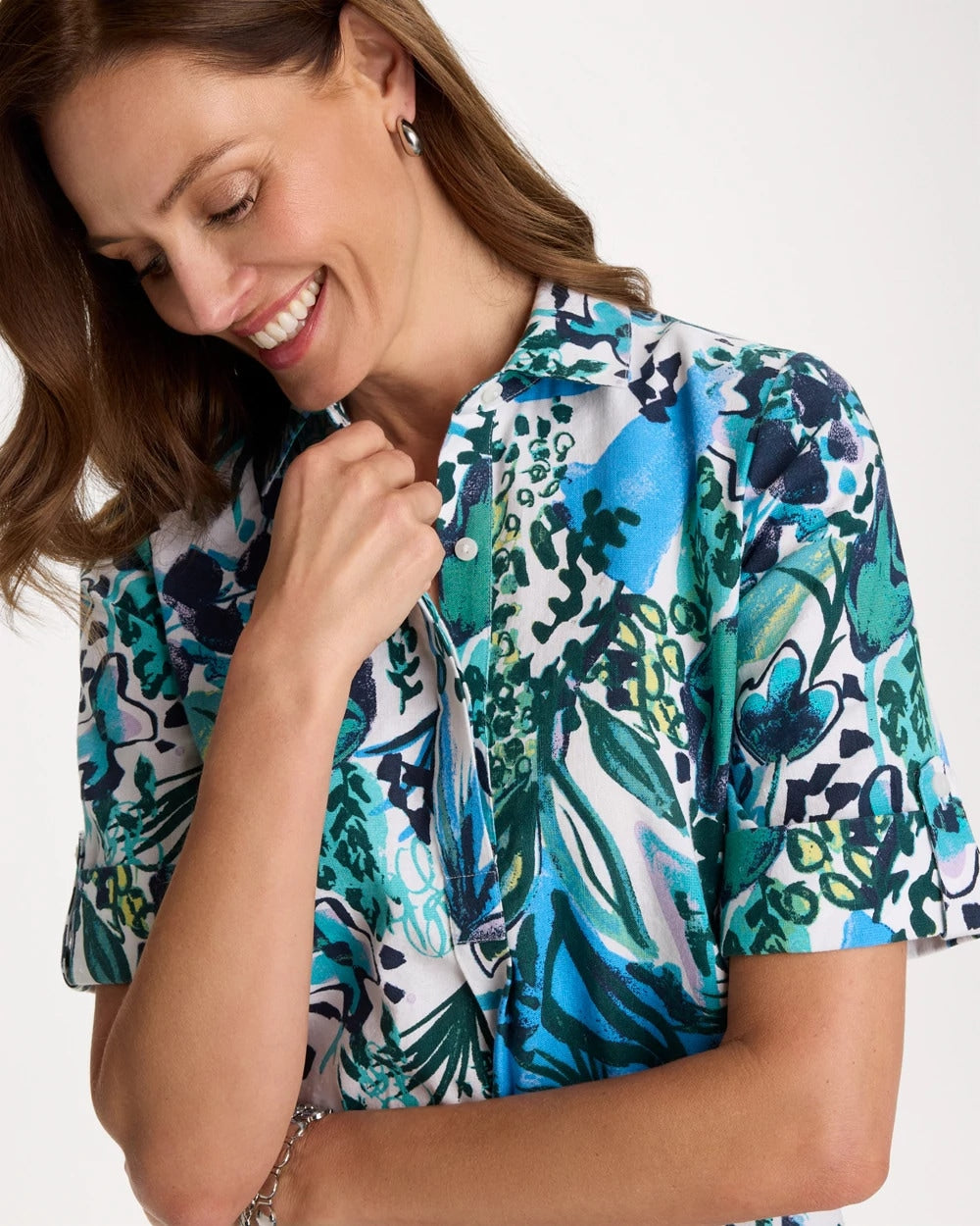 Chico's Discount Alabaster Floral Linen-Cotton Popover Dress