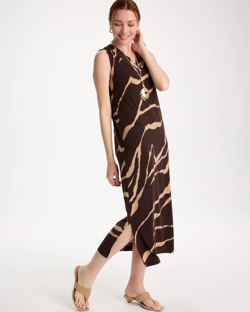 Chico's On Sale Cocoa Bean Travelers™ Zebra Double V-Neck Maxi Dress