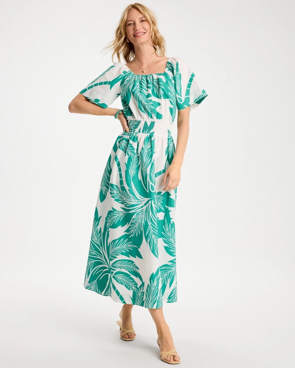 Chico's Online Topanga Green Poplin Cotton Off-Shoulder Printed Dress