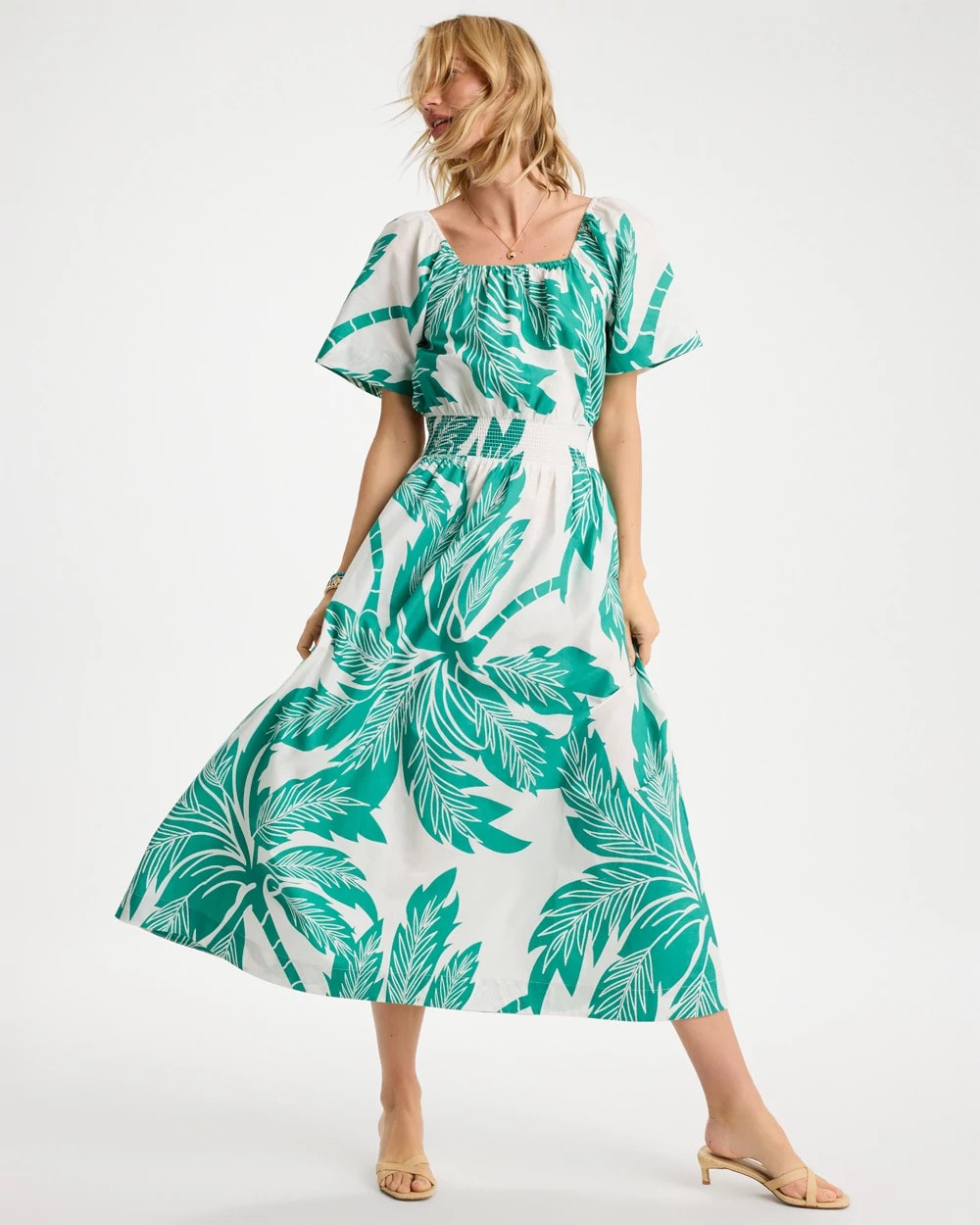 Chico's Online Topanga Green Poplin Cotton Off-Shoulder Printed Dress