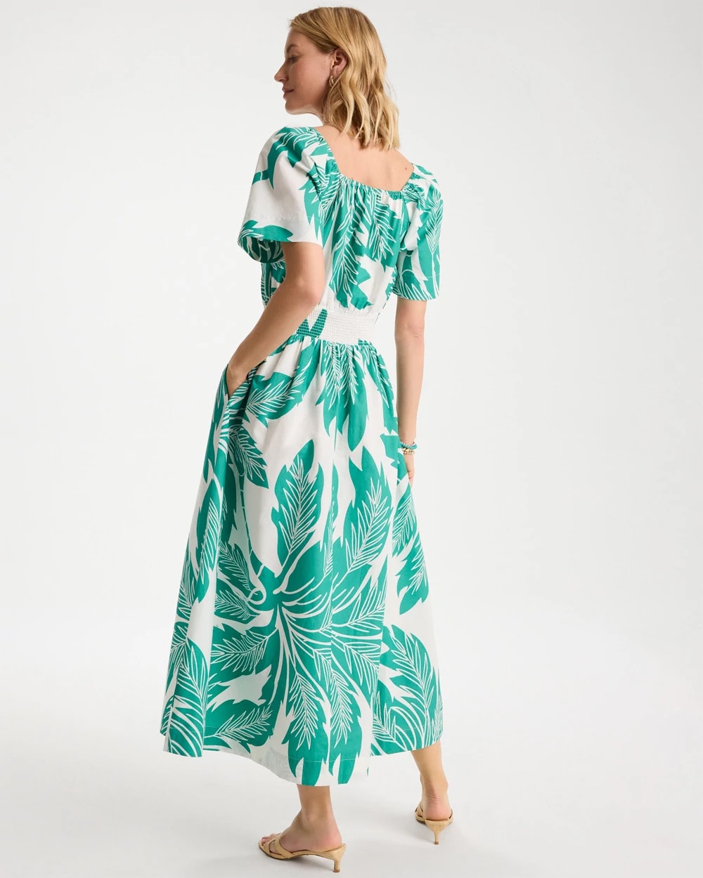 Chico's Online Topanga Green Poplin Cotton Off-Shoulder Printed Dress