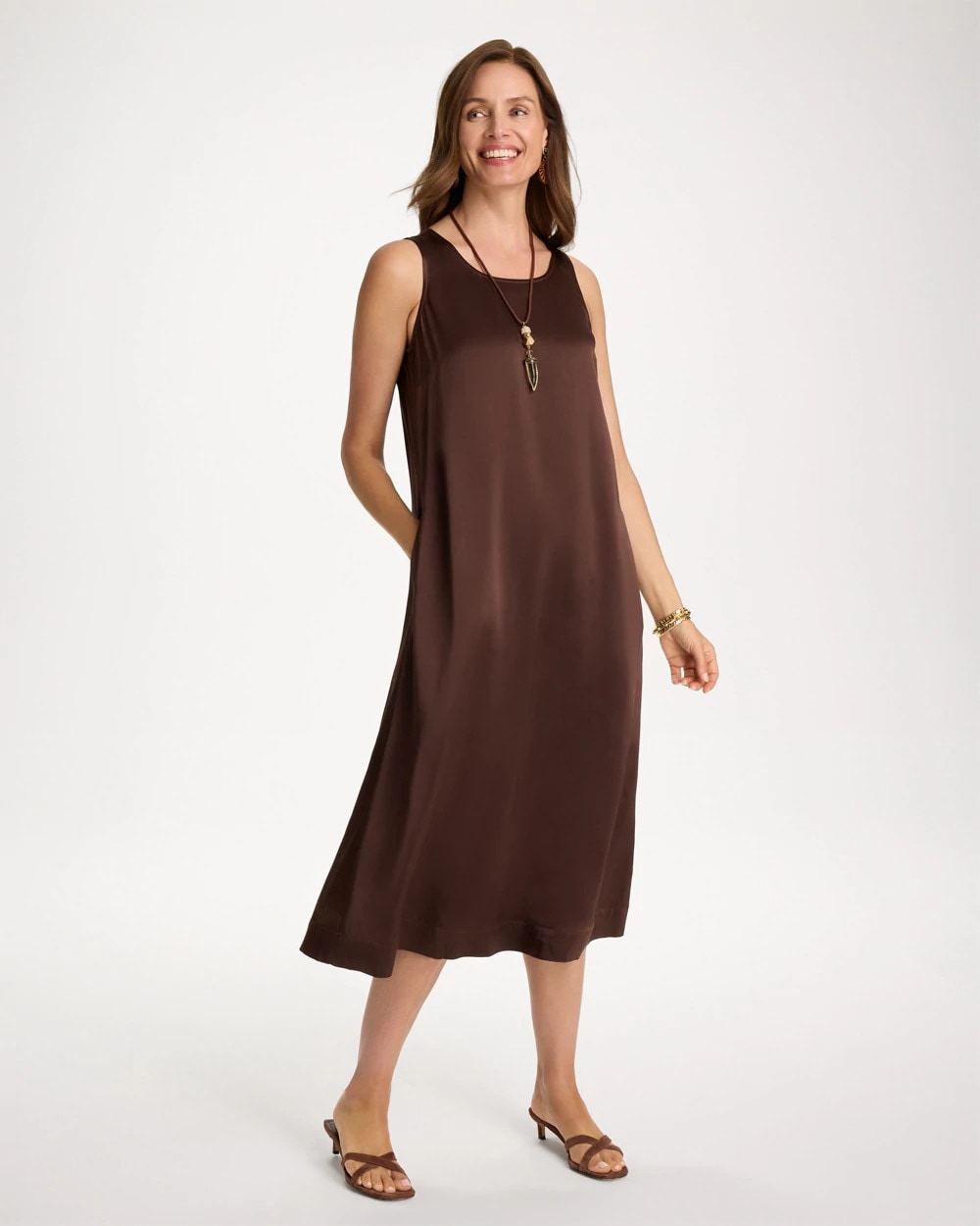Chico's Discount Deep Brown Faux Satin Sleeveless Dress