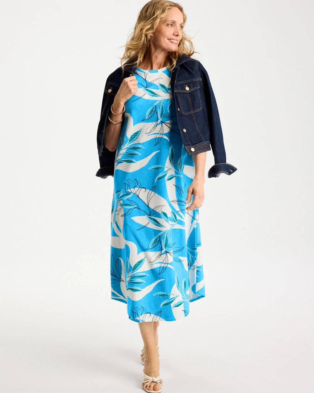 Chico's For Sale Blue Tide Printed Soft-Stretch Cotton Slub Dress