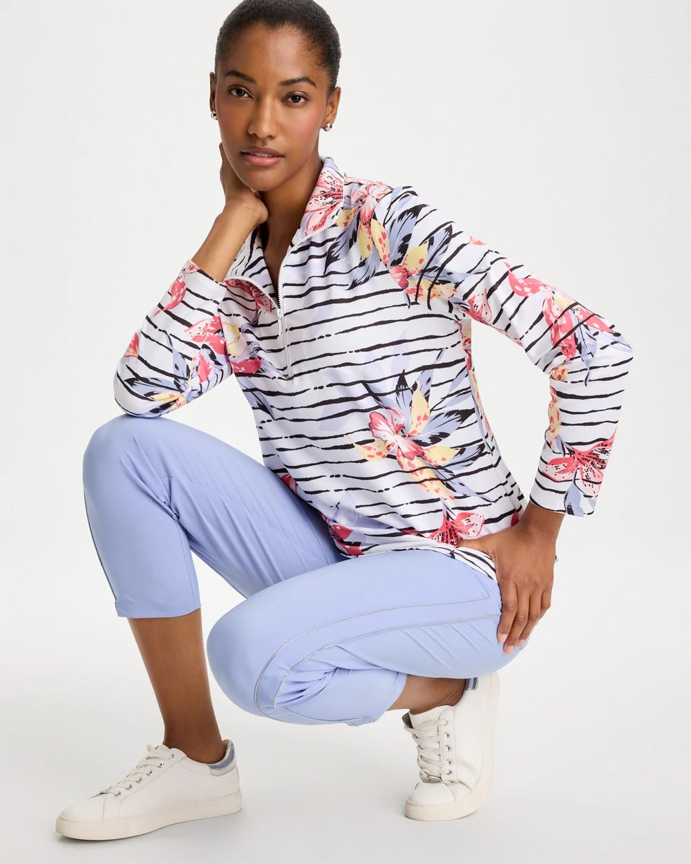 Chico's Discount Calypso Coral Zenergy® UPF Lily Print Half Zip
