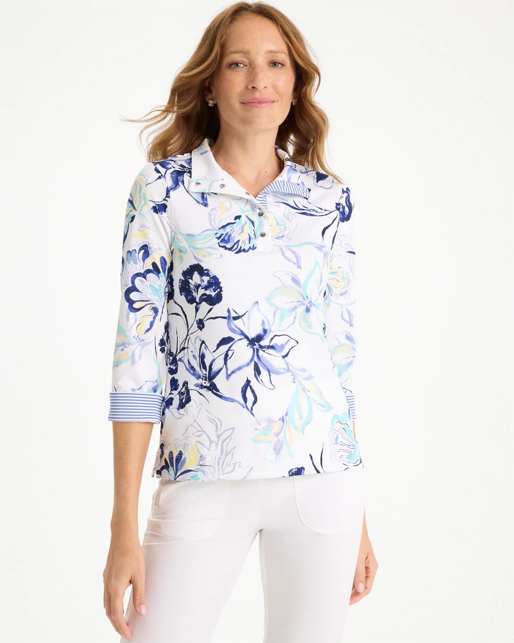 Chico's For Sale Amparo Blue Zenergy® UPF Floral Snap Mockneck