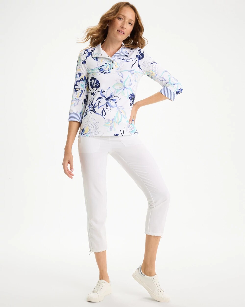 Chico's For Sale Amparo Blue Zenergy® UPF Floral Snap Mockneck