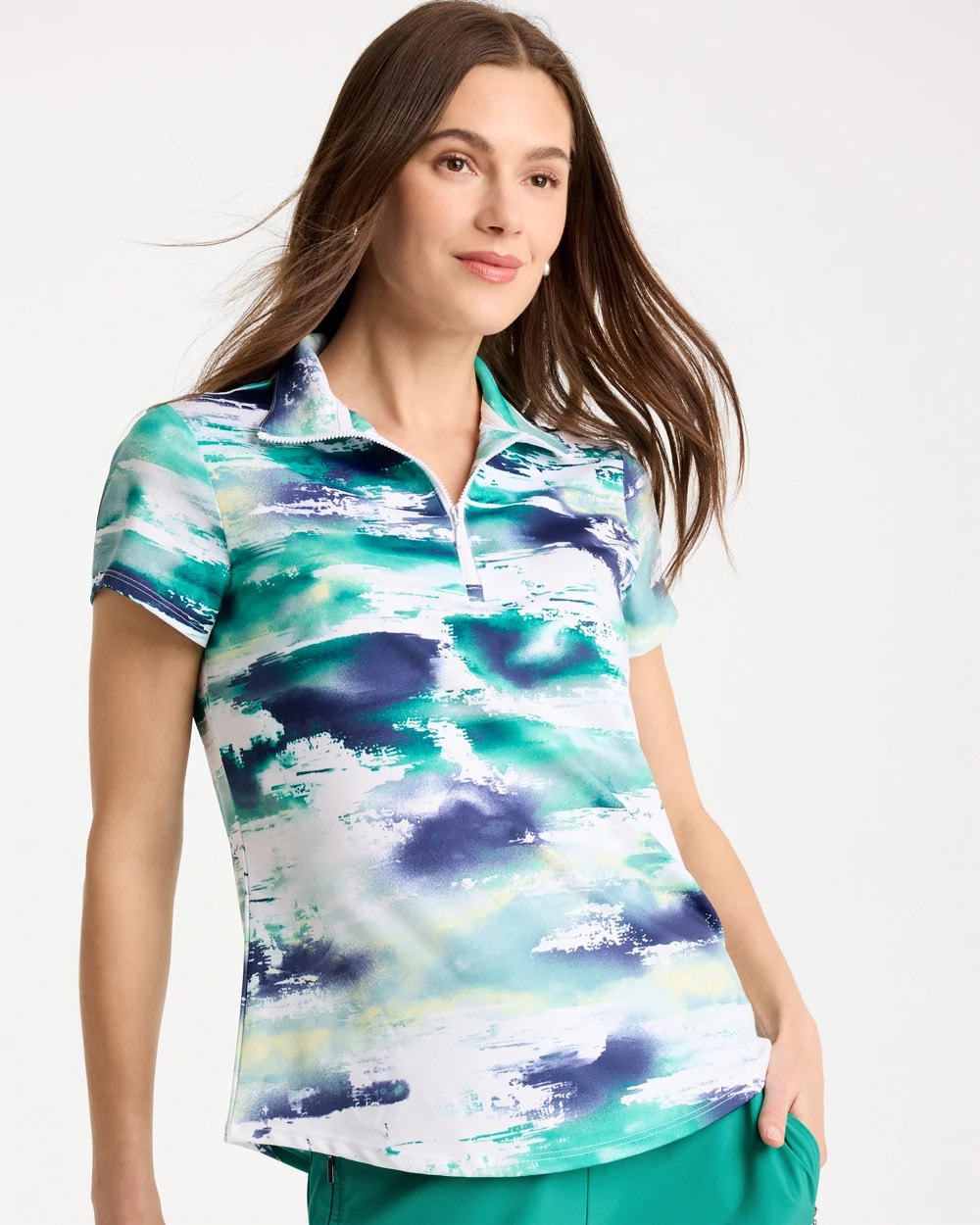 Chico's Discount Passport Blue Zenergy® UPF Watercolor Half Zip Polo