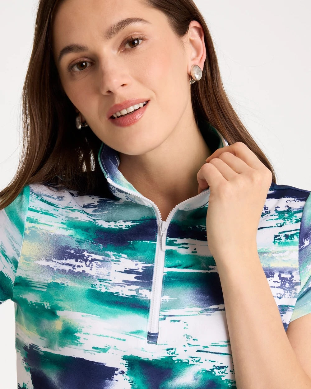 Chico's Discount Passport Blue Zenergy® UPF Watercolor Half Zip Polo
