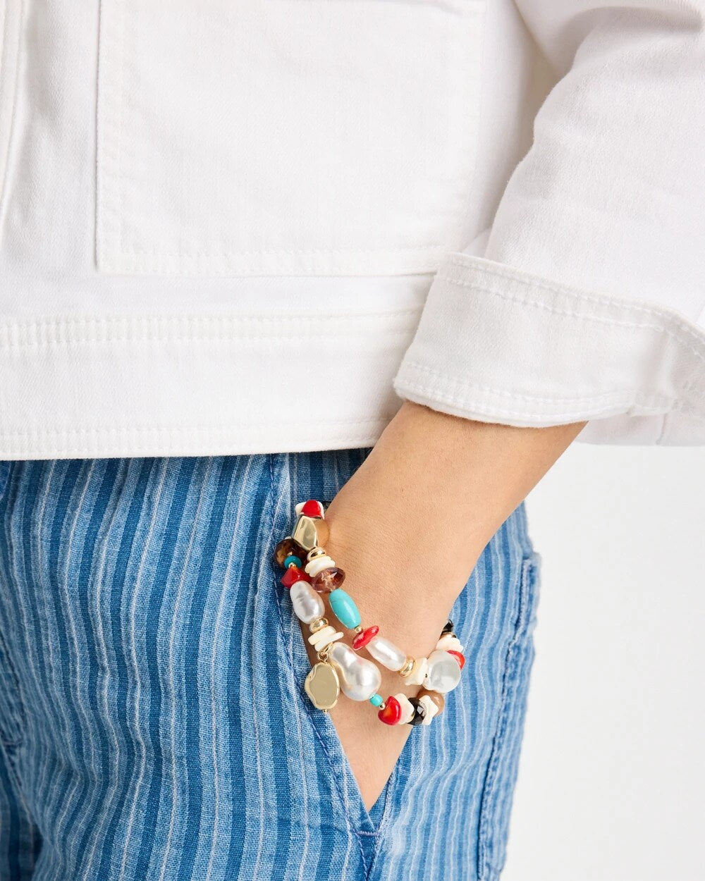 Chico's Discount Multi Set of Two Pearl Beaded Stretch Bracelets