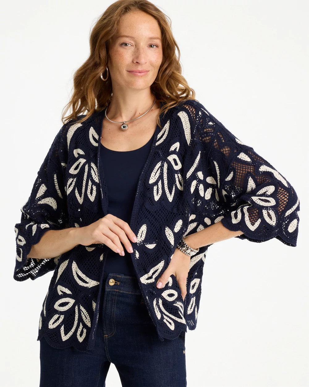 Chico's Discount Passport Blue Woven Crochet Lace Contrast Kimono