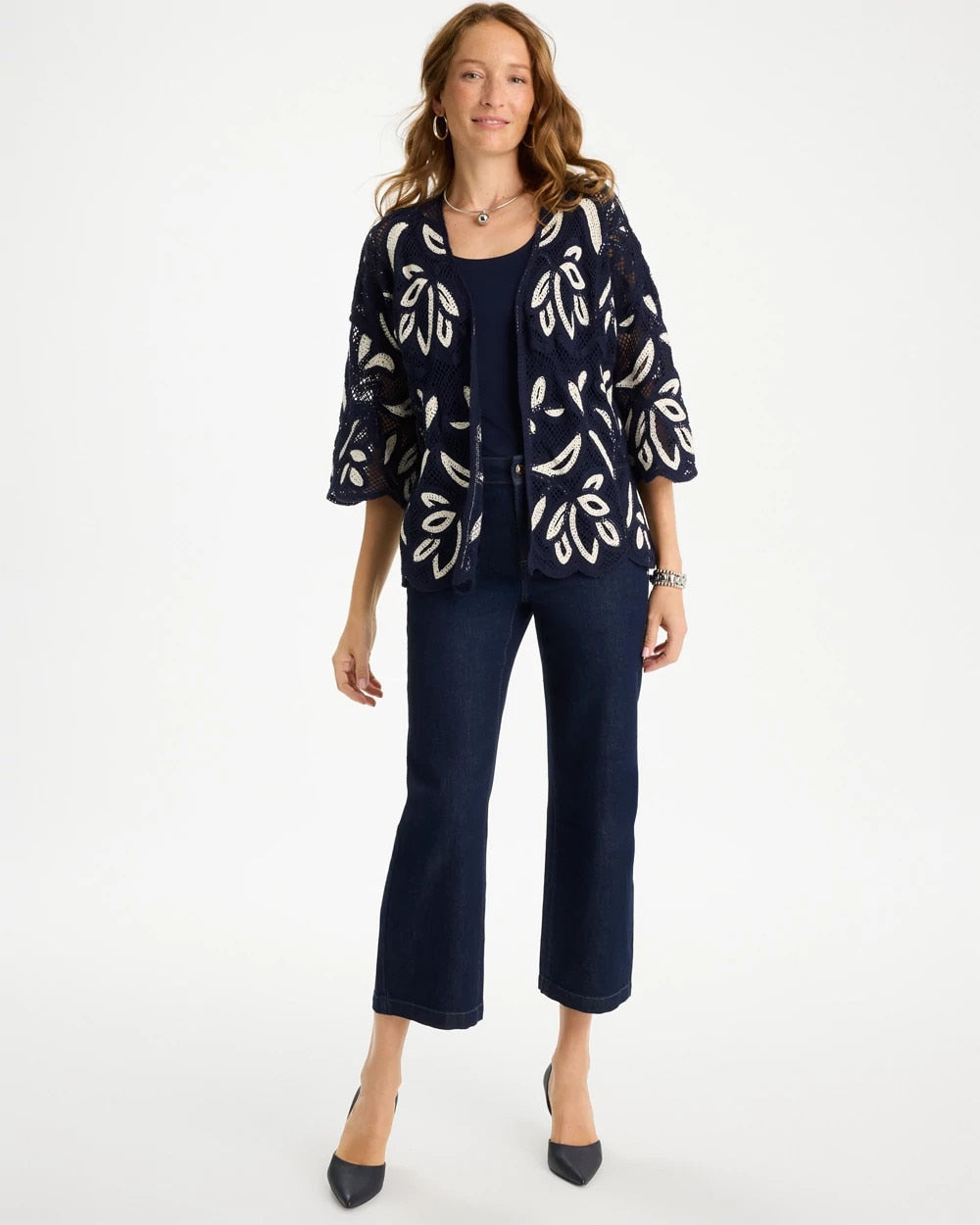 Chico's Discount Passport Blue Woven Crochet Lace Contrast Kimono