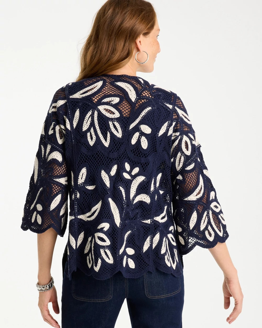 Chico's Discount Passport Blue Woven Crochet Lace Contrast Kimono