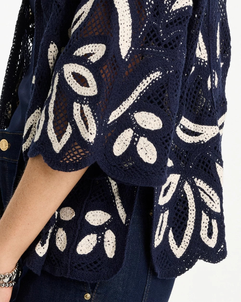 Chico's Discount Passport Blue Woven Crochet Lace Contrast Kimono