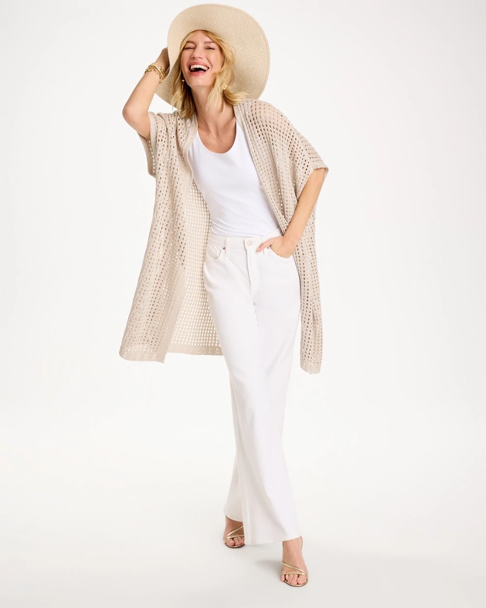 Chico's On Sale Neutral Crochet Knit Belted Ruana