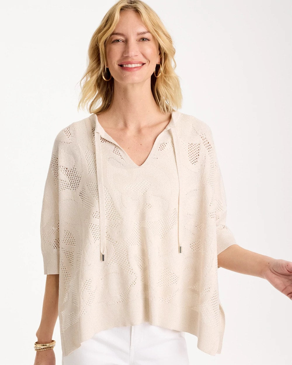 Chico's Online Ecru Crochet Lace Notch Neck Poncho